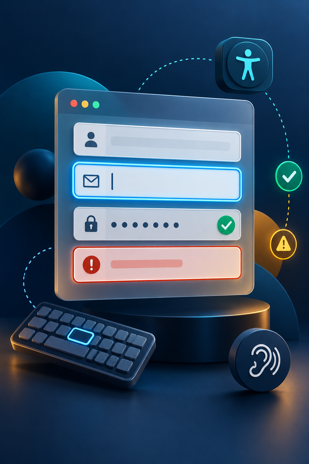 Illustration of keyboard focus and clear validation states in an accessible web form.