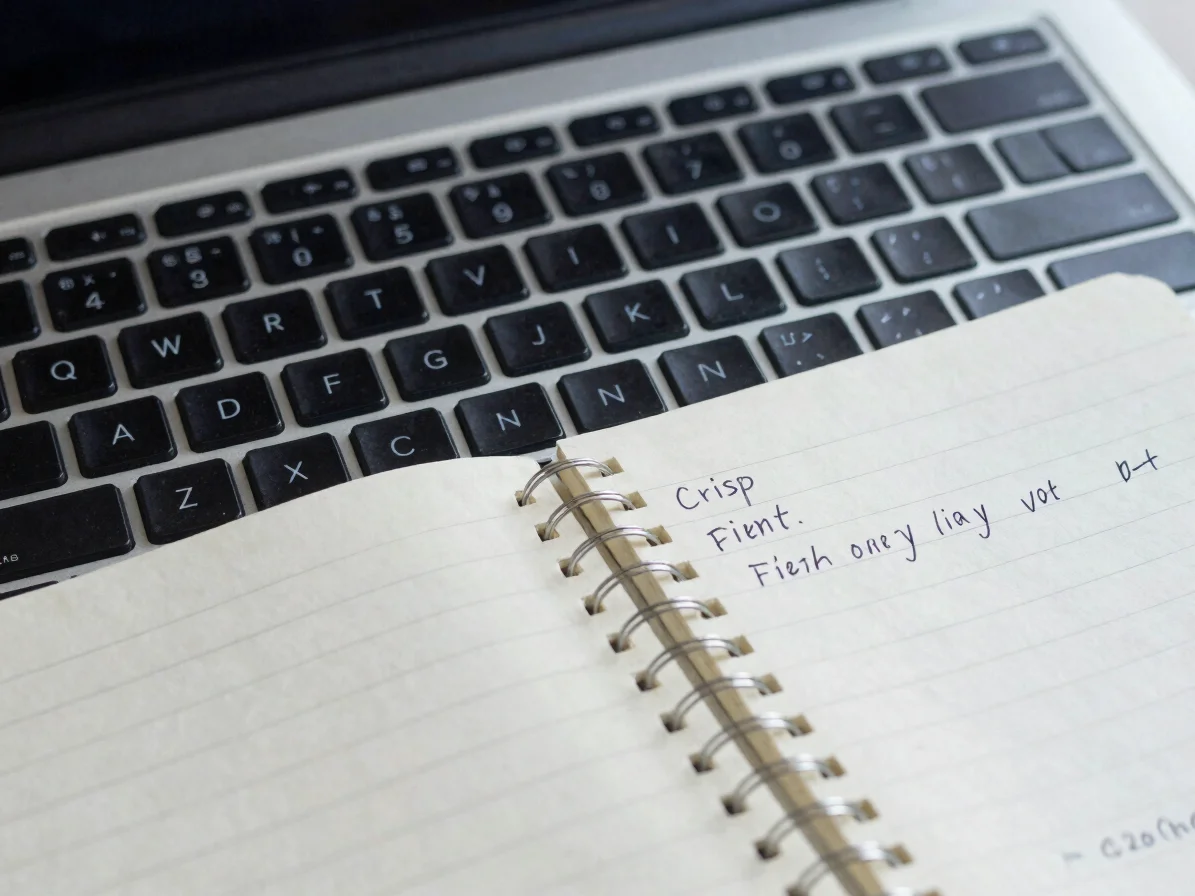 Crisp close-up of a laptop keyboard beside a notebook with handwritten evaluation notes, soft directional light, navy an