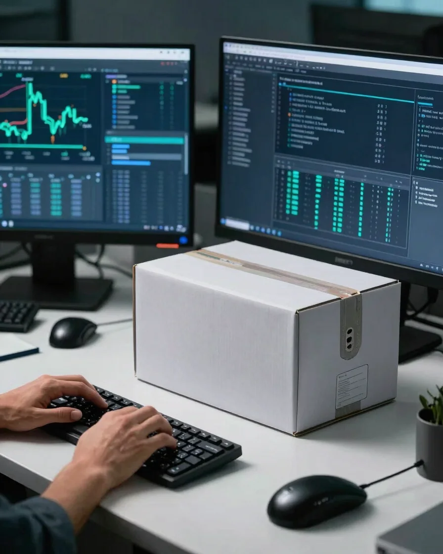 Real technical workspace with a developer's hands on a keyboard beside a neatly arranged shipping box, soft directional
