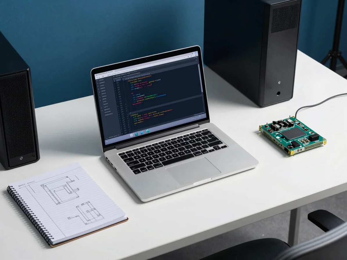 Overhead wide shot of a clean technical workspace with a laptop d