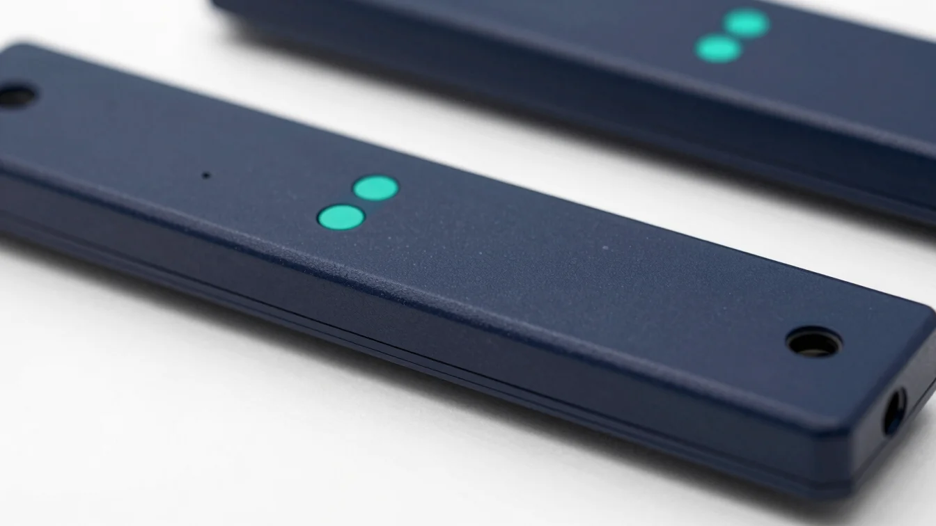 Close-up product shot of a matte dark navy hardware module with teal indicator lights on a white surface, soft direction