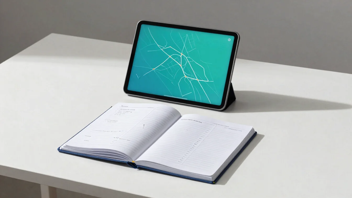 Uncluttered wide view of a white desk with a notebook of structured documentation and a tablet showing a navigation outl