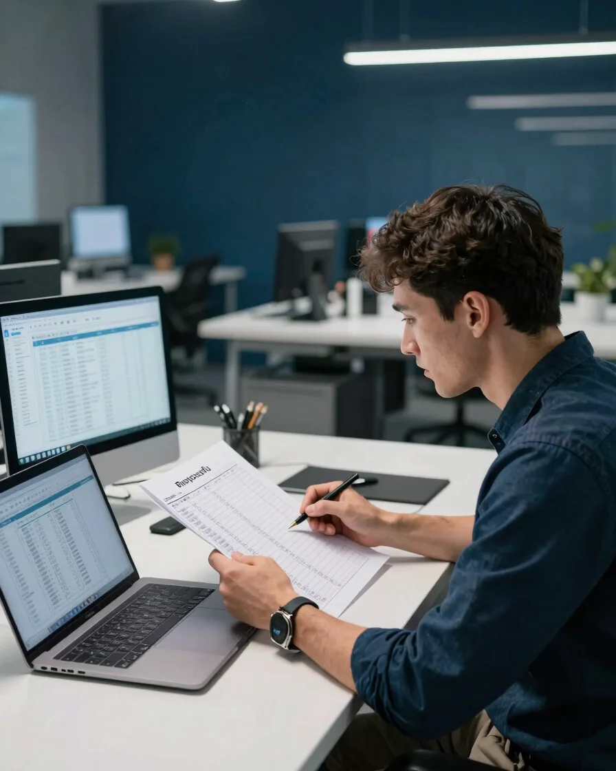 Purposeful workspace wide of an engineer reviewing a structured c